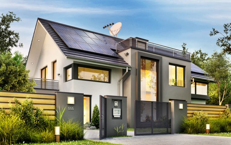 Beautiful modern house with garden and solar panels on the gable roof. 3d rendering
